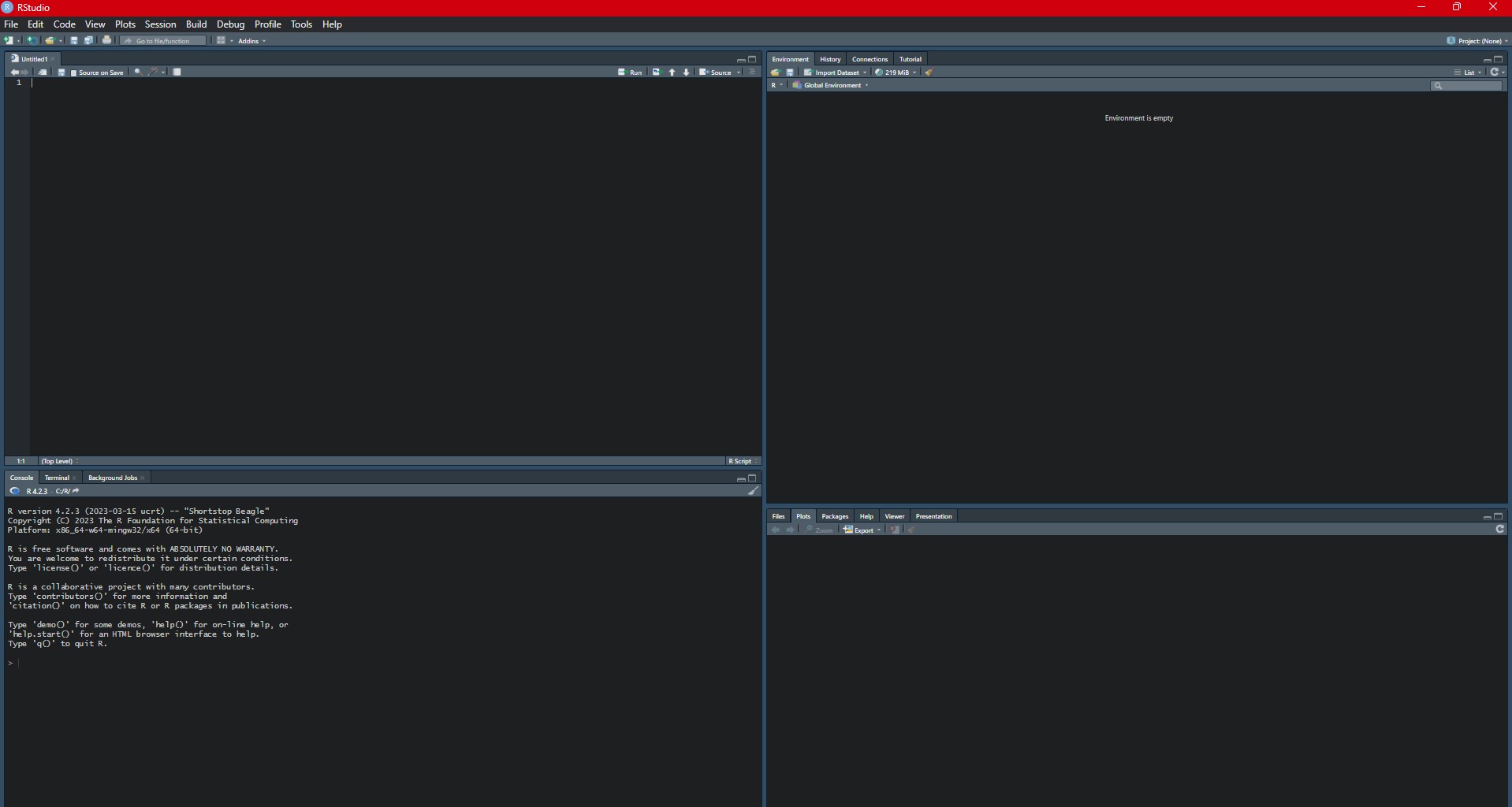 RStudio Console with version information